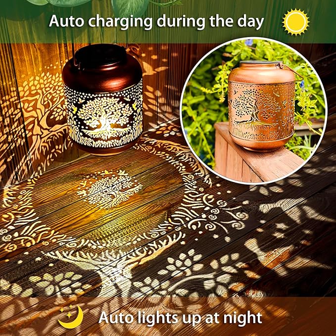 2 Pack Tree of Life Outdoor Solar Hanging Lanterns Waterproof LED Solar Lights Metal Decorative Lanterns for Garden, Patio, Courtyard, Backyard, Yard Decor Unique Tree of Life Gifts for Women