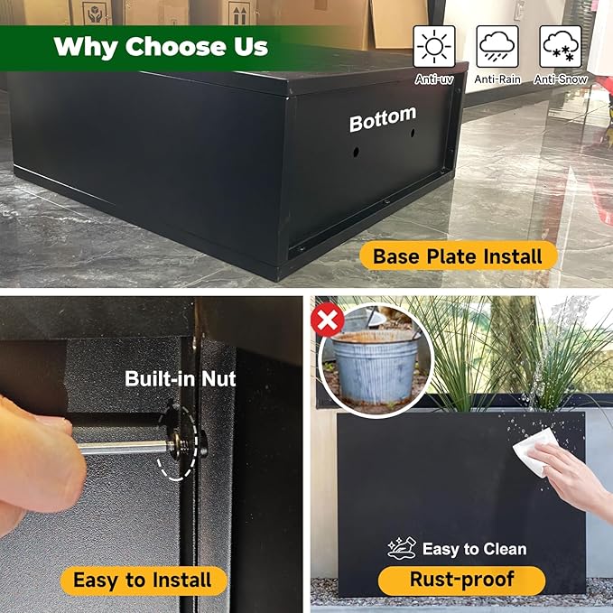 Black Steel Metallic Heavy Planter for Outdoor Plants 30"x12"x24" Outdoor Metal Planter Spliced Flower Pot with Partitions for Outside,Indoor,Garden (Black, 30 * 12 * 24)