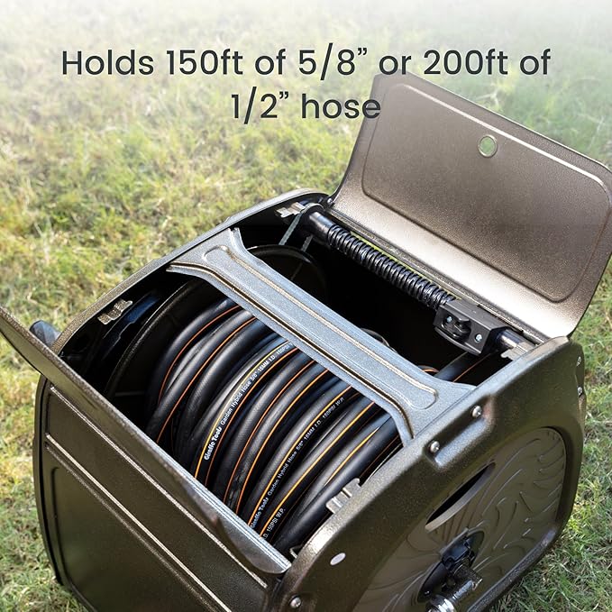 Giraffe Tools SW5 Metal Hose Reel Box, Heavy Duty Garden Hose Storage Reel Hideaway, Crank Handle, 150ft 5/8" Hose Capacity, Green