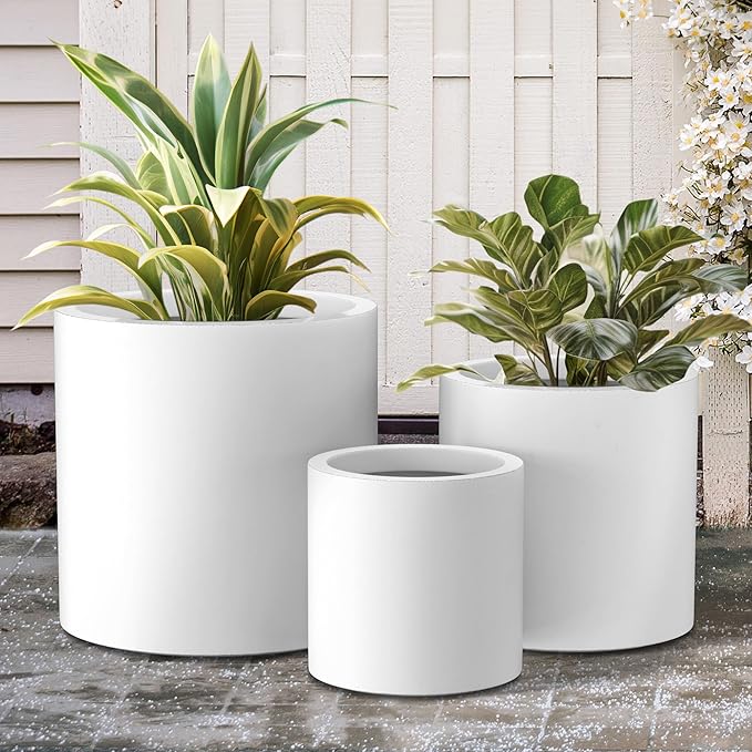 Kante RC0119ABC-C80011 Set of 3 Lightweight Concrete Modern Cylinder Outdoor Planters, 15.8, 12.9 and 9.8 Inch Diameter, Pure White