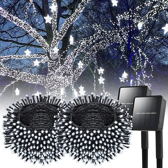 Solar String Lights Outdoor, 2 Pack 240 Led Solar Fairy Lights for Outside Waterproof 170ft Cool White Solar Lights 8 Lighting Mode Solar String Lights for Outside,Garden,Courtyards,Trees