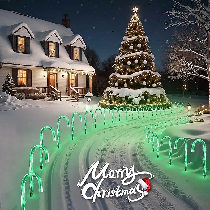 VCOKEN 10'' Christmas Candy Cane Pathway Markers Lights - Set of 10 Christmas Stakes Lights Outdoor Pathway Decorations, Connectable & Light Up Xmas Holiday Party Yard Indoor Outdoor Ornament, Green