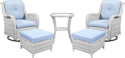 Outdoor Swivel Rocker Furniture 5 Pieces Patio Wicker Furniture Sets, Rattan Patio Swivel Glider Chairs with 2 Ottoman and Glass Side Table