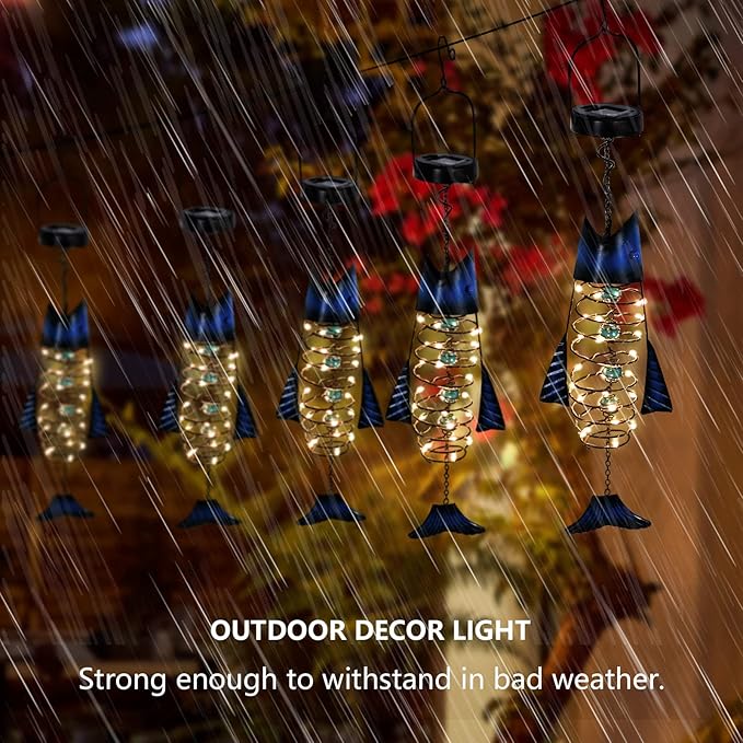 Outdoor Lights for Patio Garden Decor - Metal Solar Fish Hanging Decoration - Solar Lamp Decorative Yard Art - Pretty Nice Lantern for Man Woman Holiday Gift Ideas | Waterproof Warm LED Lighting