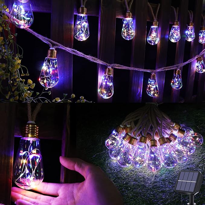 Solar Outdoor String Lights, 20Ft Vintage Rope Hemp Solar Patio Lights, Waterproof Multicolor Solar Powered String Lights With 8 Modes 16 Shatterproof Bulbs for Garden Fence Stairs Balcony Café Bistro