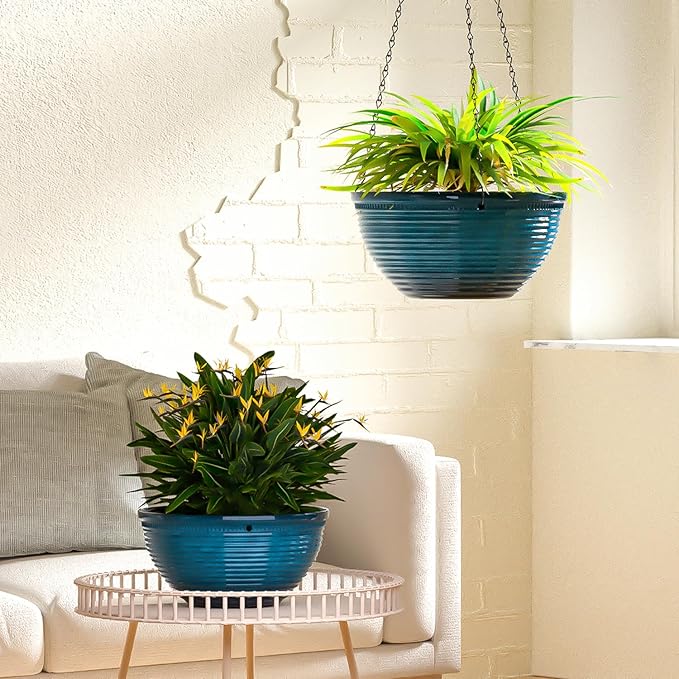 2 Pack Hanging Planters for Indoor Outdoor Plants, 10 Inch Hanging Planter with Drainage Hole & Plug Glazed Hanging Baskets Flower Pots for Garden Home (Blue)