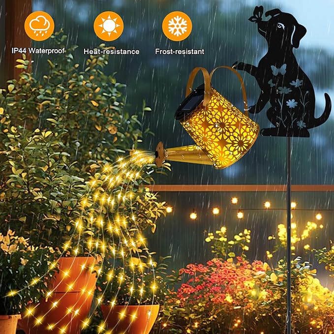 Solar Lights Outdoor Decorative, Watering Can with Cascading Lights, with Dog Silhouette Garden Stakes, Waterproof Metal Garden Decor for Yard Art, Outside, Patio, Lawn Ornaments