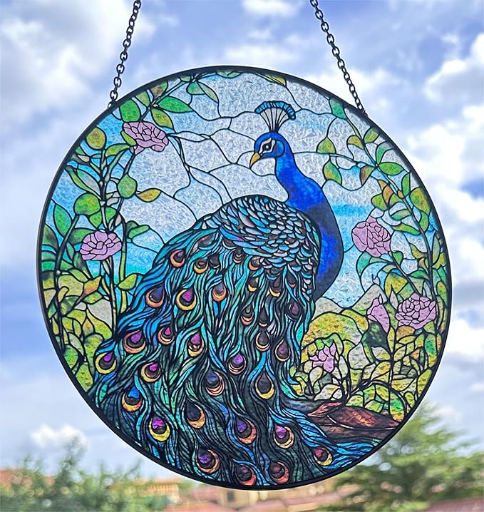 7.8'' Peacock Decor Suncatcher Stained Glass - Originally Designed Peacock Suncatchers for Sun Catchers Indoor Window | Gifts for Peacock Lovers Painted Glass Panel Decor Themed Gift