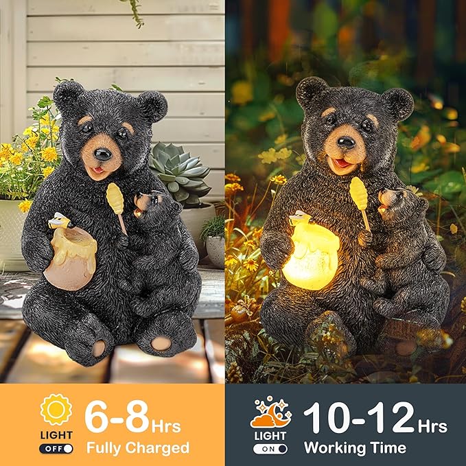 GIGALUMI Solar Garden Statues Loving Bear Figurine Lights for Outside, Yard Decorations Outdoor, Garden Decor Unique Birthday Housewarming Gifts for Mom, Women, Black