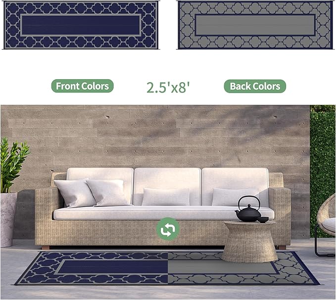 GENIMO 2.5 ' x 8 ' Outdoor Rug for Porch Patio Clearance, Waterproof Indoor Outdoor Plastic Straw Rugs Carpet, Reversible Outside Area Rv Mat for Camping, Balcony, Deck, Picnic, Beach (Blue & Gray)