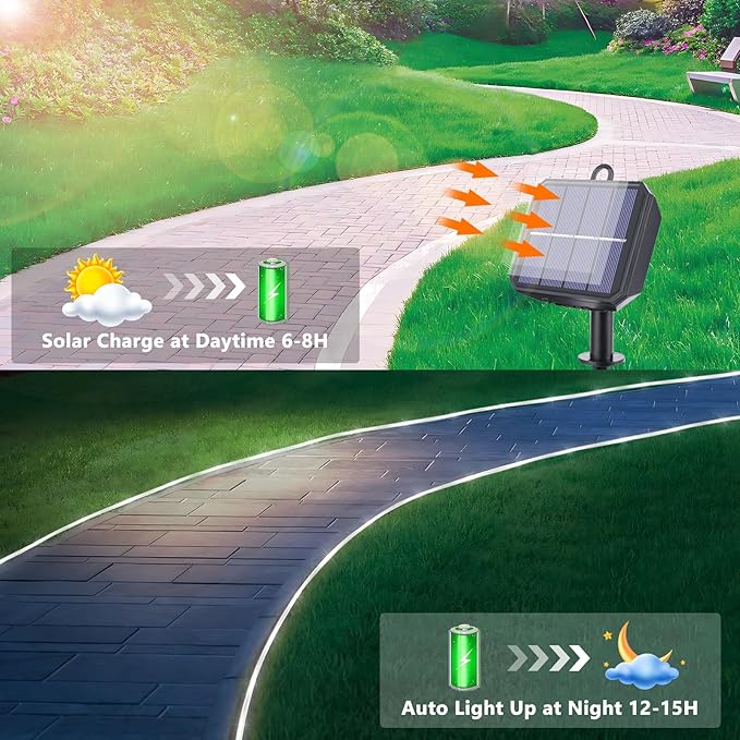 Solar Rope Lights, 2 Packs 66ft 200LED Solar String Lights, 8 Modes Waterproof Solar Powered Outdoor Lights, Flexible Clear Tube Light for Garden, Backyard, Patio, Deck, Porch, Pool,Tree Decor -White