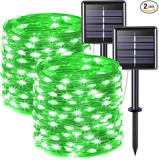 JMEXSUSS 2 Pack Green Solar Fairy Lights, Each 33ft 100 LED Green Solar Lights Outdoor, Waterproof St Patricks Day String Lights for Outside Patio Garden Party Tree Decorations