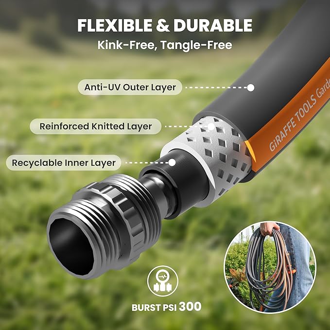Giraffe Tools Garden Hose 75FT, 5/8" Lightweight Lay Flat Water Hose, Custom Length, Flexible, Leakproof Hybrid Hose Pipe with Male to Female Fitting