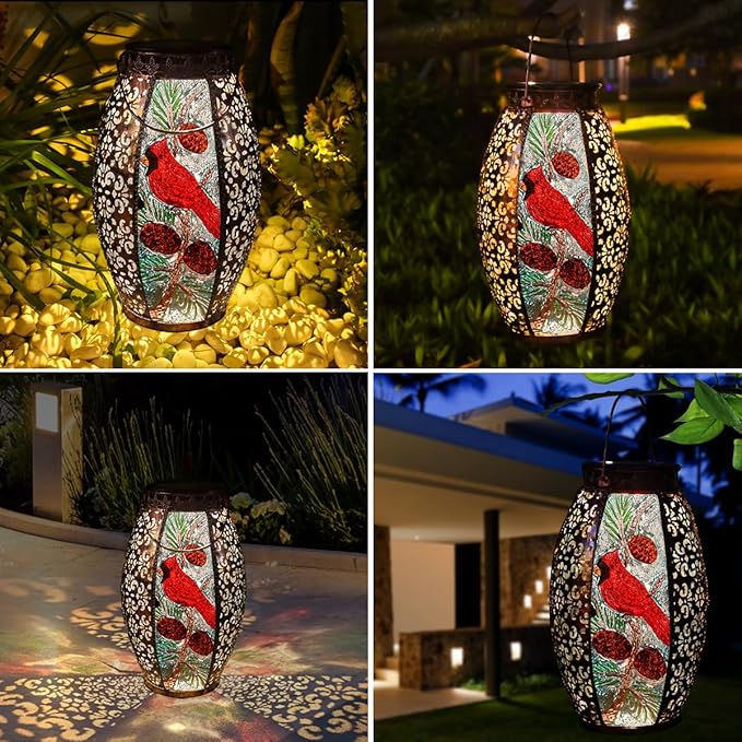 Solar Lanterns Outdoor Hanging Light - Cardinal Solar Powered LED Glass Lights Decorative Waterproof Tabletop Lamp with Hollowed-Out Design for Yard Table Patio Garden Pathway Holiday