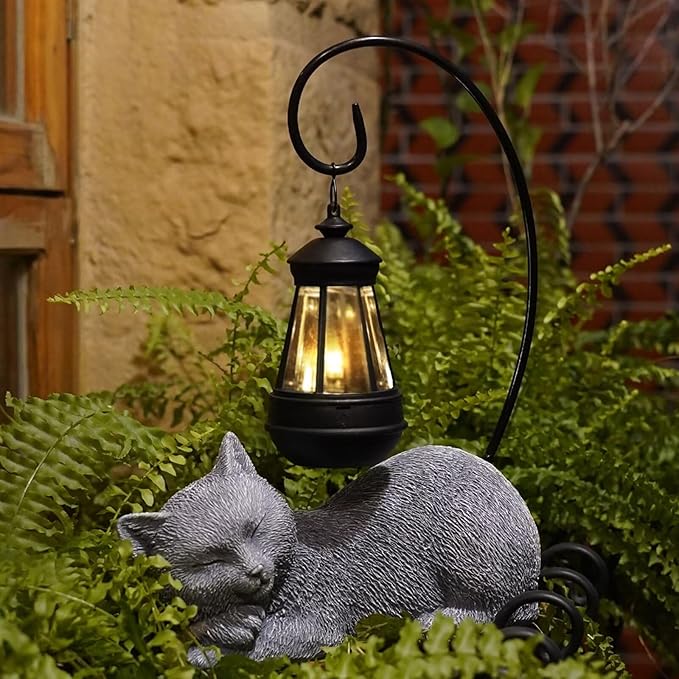 Solar Cat Garden Statue with Lantern, 13 Inch Tall Figurine for Outdoor Decor, Yard, Patio, Lawn and Porch, Solar-Powered Lights Sculpture