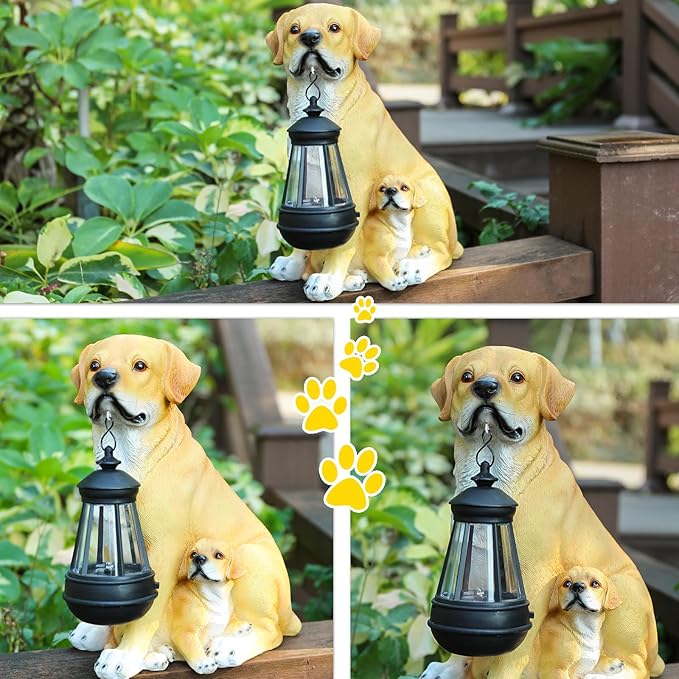 Afirst Solar Dog Statue Garden Decor- Outdoor Decor with Solar Lantern Lovely Labrador Mom with Baby Figurine Patio Lawn Yard Art Ornaments Housewarming Gift