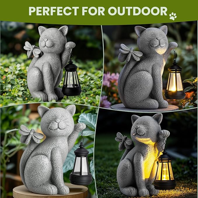 Solar Garden Outdoor Statues Cat with Solar Lantern,Outdoor Cat Figurines Decorations,Lawn Decor Rabbit Statue for Patio, Balcony, Yard Ornament,Unique Housewarming and Birthdays Gifts for Mom Women
