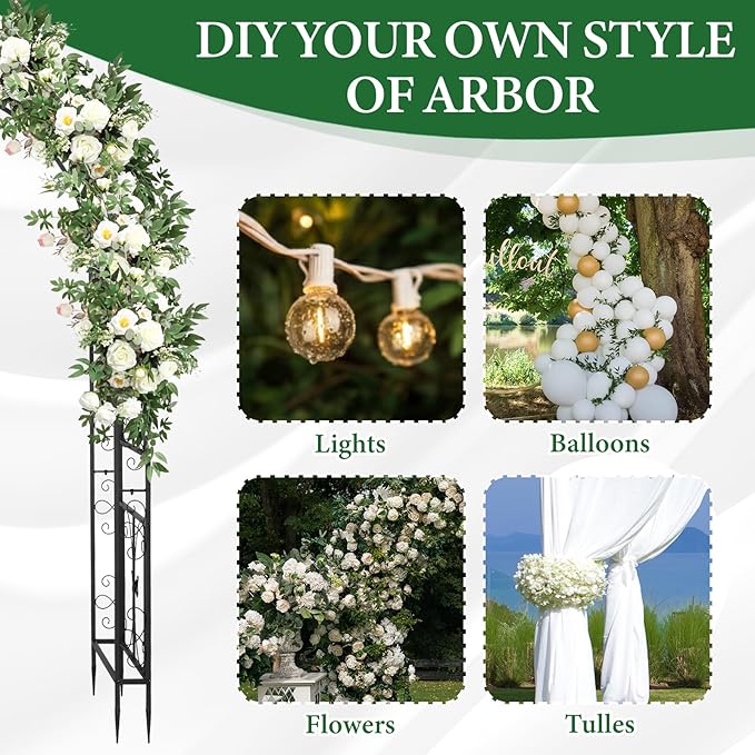 VINGLI Garden Arbor, Arch Archway for Wedding Ceremony Party, Steel Garden Trellis for Plant Climbing, Christmas Garden Decorations Pergola for Garden, Backyard, Lawn (Black, 75.5x22.8x94.5in)