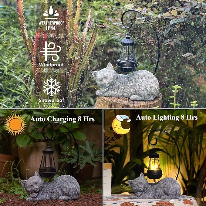 Solar Cat Garden Statue with Lantern, 13 Inch Tall Figurine for Outdoor Decor, Yard, Patio, Lawn and Porch, Solar-Powered Lights Sculpture