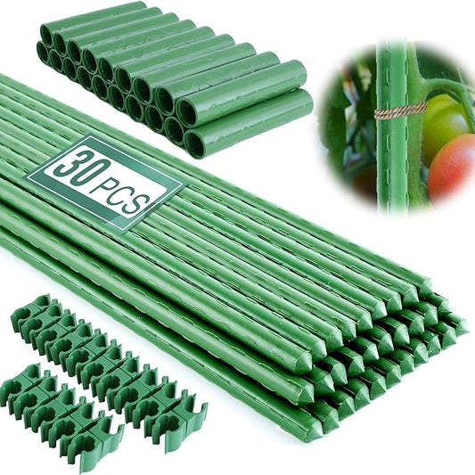 Garden Stakes 16 Inch 30 Pack, Diy 4ft 5ft 6ft 7ft 8ft Tomato Stakes Plastic Coated Metal Plant Sticks Stakes Supports with 20 Connectors 15 Rotatable Clips for Indoor Outdoor Plants Vegetable