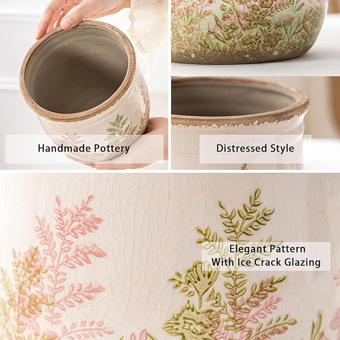 Vintage Pink and Green Ceramic Planter Set of 2, 4.7+5.7 Inch Rustic Flower Pots for Indoor Plants, Decorative Ceramic Plant Pots for Home, Living Room, Garden, Gardening Gift