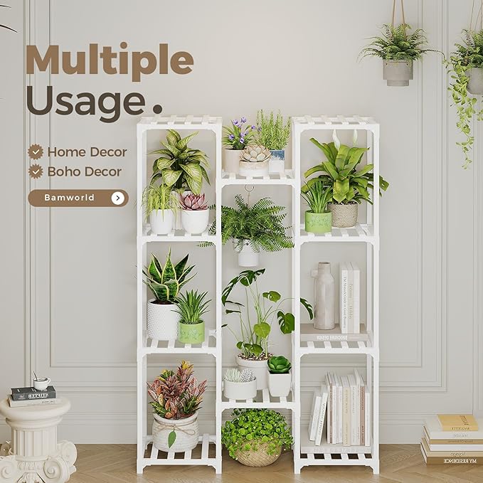 Bamworld White Plant Stand Indoor Plant Shelf Outdoor Wood Plant Rack for Multiple Plants 3 Tiers Ladder Plant Holder for 7 Plant Pots for Living Room Boho Home Decor for Gardening