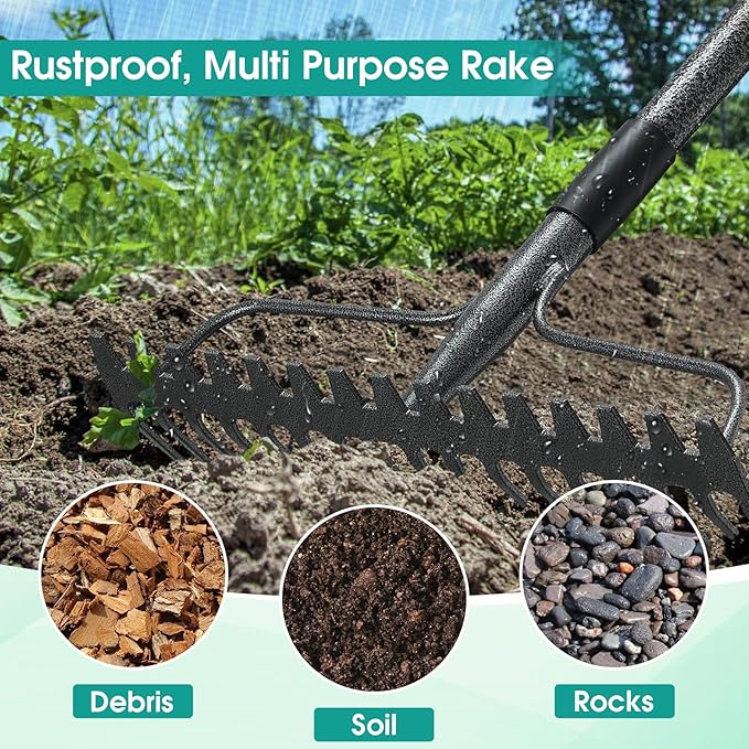 Garden Rake:63 Inch Metal Garden Leaf Rake with 17 Tines, Heavy Duty Bow Rakes for Lawn Yard Leaves Debris Mulch Gravel Thatch Clean,Lawn Care Gardening Landscaping