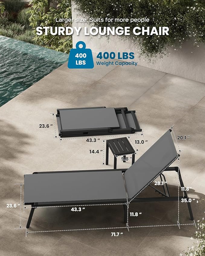 Pool Lounge Chairs Set of 3 (2 Chairs and 1 Side Table), Foldable Aluminum Chaise Lounge Outdoor with 5 Positions Recliner - Free Assembly - Patio Chaise Lounge Chair for Poolside, Yard