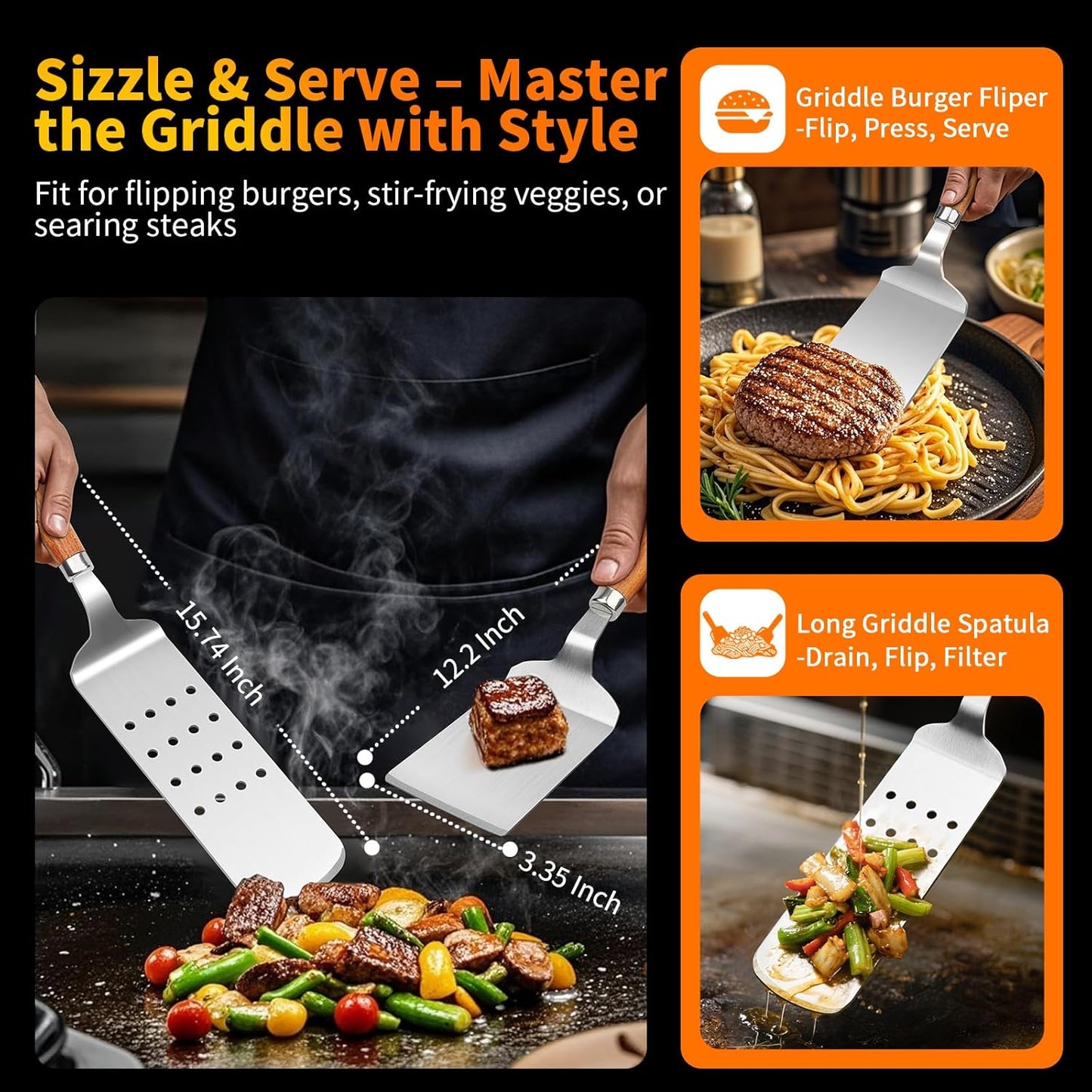 16 Inch Grilling Accessories Set, Heavy Duty Stainless Steel BBQ Accessories Tools and Grill Accessories for Outdoor Grill with Spatula, Fork, & Tongs - Grilling Gifts for Men Women Father