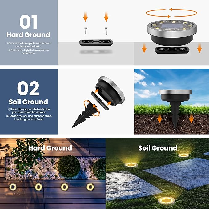 SOLPEX 4 Pack Solar Ground Lights Outdoor Waterproof, Solar Powered Pathway Lights, Landscape Lighting for Garden Walkway Driveway Backyard Decor (Warm White)