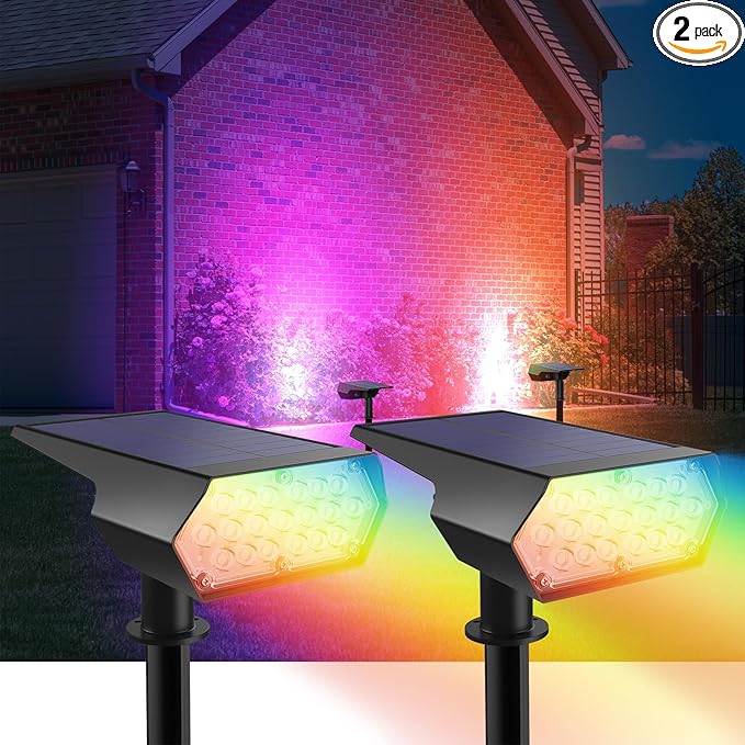 Upgraded Solar Spot Lights Outdoor, Waterproof IP65 RGB Color Changing Solar Outdoor Lights, Multicolor Solar Landscape Spotlights with Memory Function for Holiday Decorations, Yard, Garden, Pathway