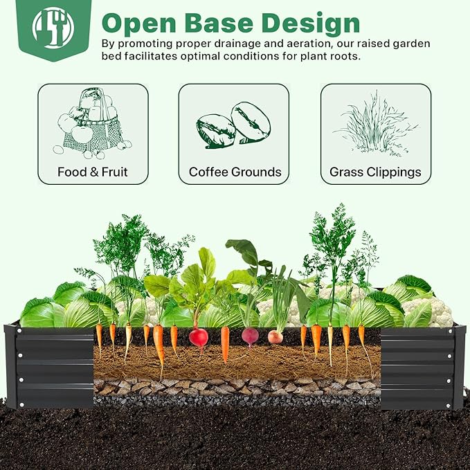 ONCEMORE Galvanized Raised Garden Bed for Vegetables Flowers Herbs, Metal Raised Garden Bed Kit with 2 PCS Tomato Cage, Gloves, Trellis Netting, Plant Labels, Plant Ties, Black 8×4×1FT