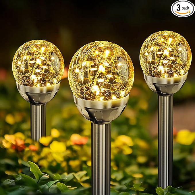 SOLPEX Solar Garden Lights String - 3 Pack Warm White, Solar Powered Cracked Glass Ball, Waterproof for Outdoor & Patio Decoration