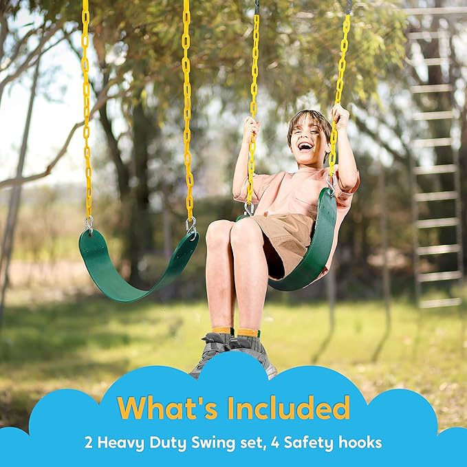 TURFEE 2 Pack Green Swing Seats Heavy Duty with 66" Chain, Swing Set Accessories Replacement with Snap Hooks for Kids Outdoor Play Playground, Trees, Playground(Green)