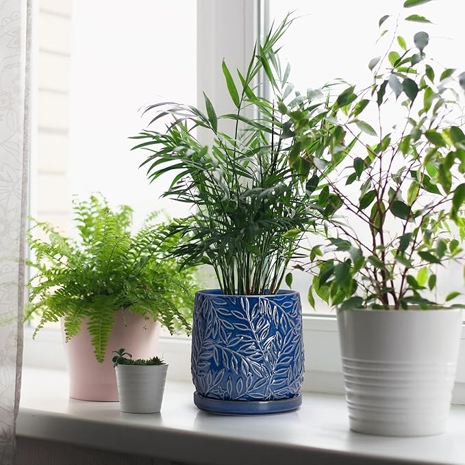 D'vine Dev 6 Inch Embossed Leaves Stoneware Planter Pot with Drainage Hole and Saucer, Midnight Blue, 27-A-X-3