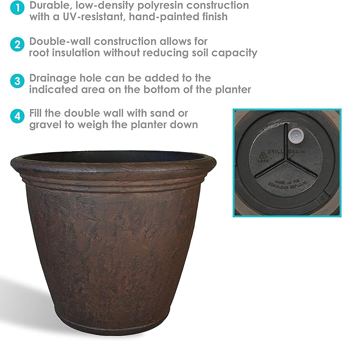 Sunnydaze 15.25-Inch Anjelica Large Plastic Pot for Plants - Outdoor Polyresin Round Planter with Drillable Drainage Holes - Rust - 4pk