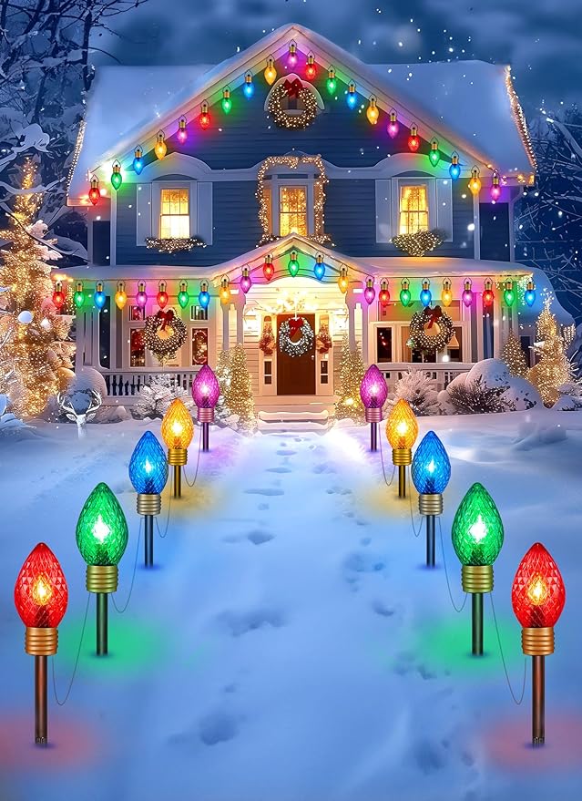 Moonflor Strawberry Jumbo C9 Christmas Pathway Lights Outdoor - 8.5 Feet 5 LED C9 Christmas Lights,C7 Lights Covered Jumbo Multicolor Christmas Lights Outdoor Decorations for Lawn Holiday Outside Yard