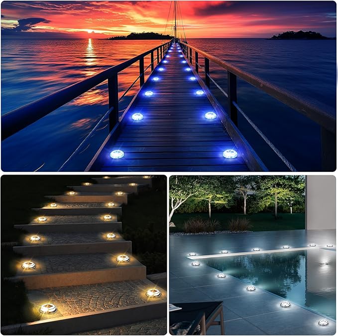 Quntis Solar Deck Lights Outdoor 12 Pack, 3 Color Modes Solar Driveway Lights IP68 Waterproof, Deck Light for Stair Pathway Pool Walkway Road (Blue/Cool White/Warm White)