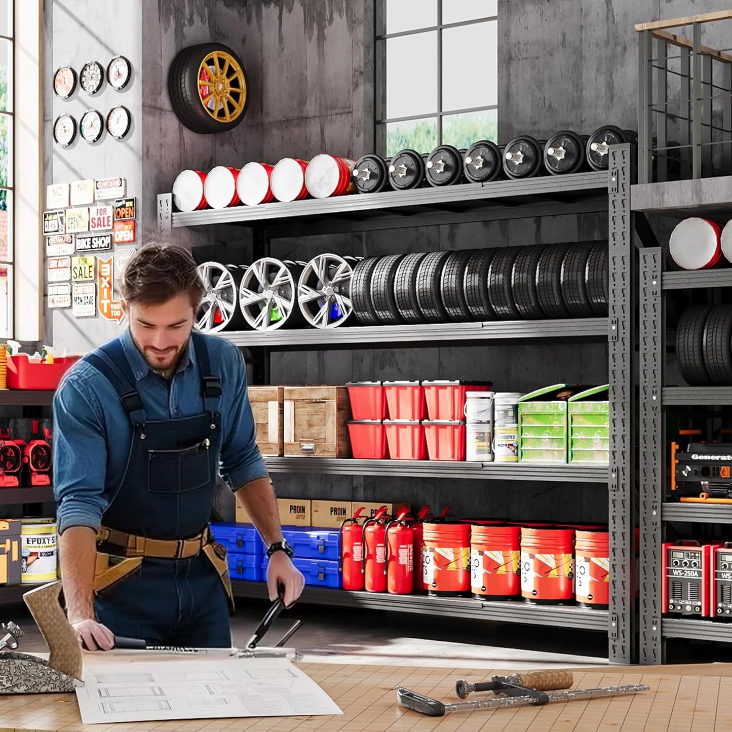 79” W Garage Shelving Heavy Duty, 7000LBS Metal Storage Shelves, 4 Tier Storage Rack Shelf, Steel Industrial Shelving, Adjustable Standing Shelf for Basement/Warehouse 79" W x 24" D x 79" H, Black