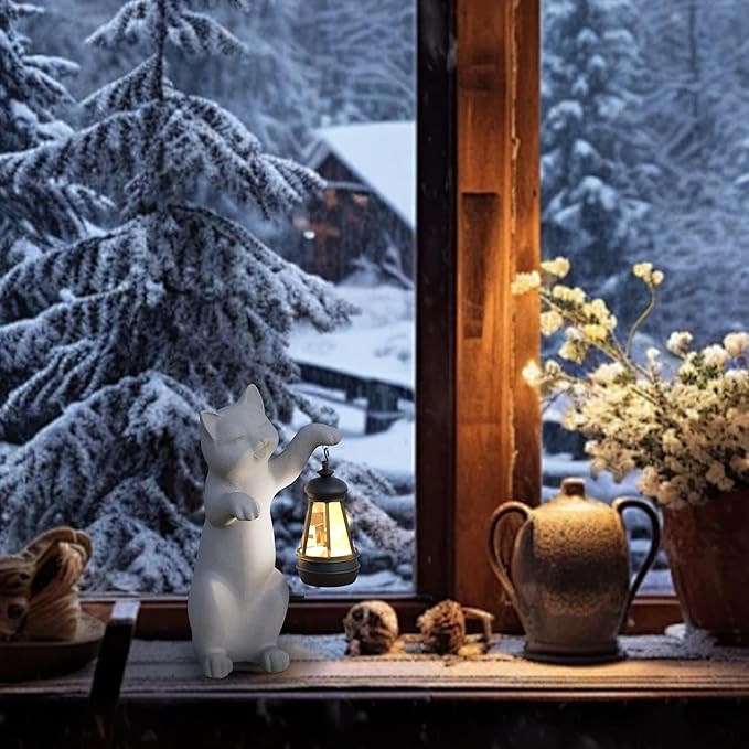 Solar Powered Garden Resin Statue Lights, 10 Inch Waterproof Outdoor Animal Cute Cat Figurine Lights, Suitable for Patios, Balconies, Lawns, Courtyards, Etc.(Hand)