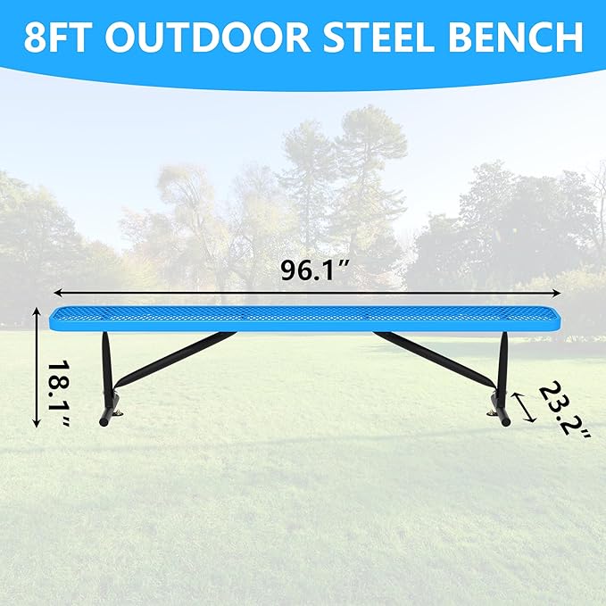 96" L Outdoor Metal Benches, Heavy Duty Garden Park Bench for Outside, Expanded Metal, Commercial Benches Mesh Bench for Shopping Mall, Store, Lawn, Park, Patio, Deck, Garden (Blue, 8FT)