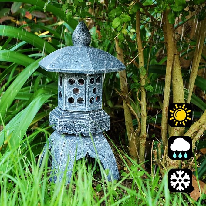 Pagoda Lantern Garden Statue with Solar Lotus Lights, Large Resin Japanese Temple Pagoda Lamp Asian Zen Outdoor Yard Decor for Landscape Patio Porch Lawn Decorations, Christmas Ornament Gift