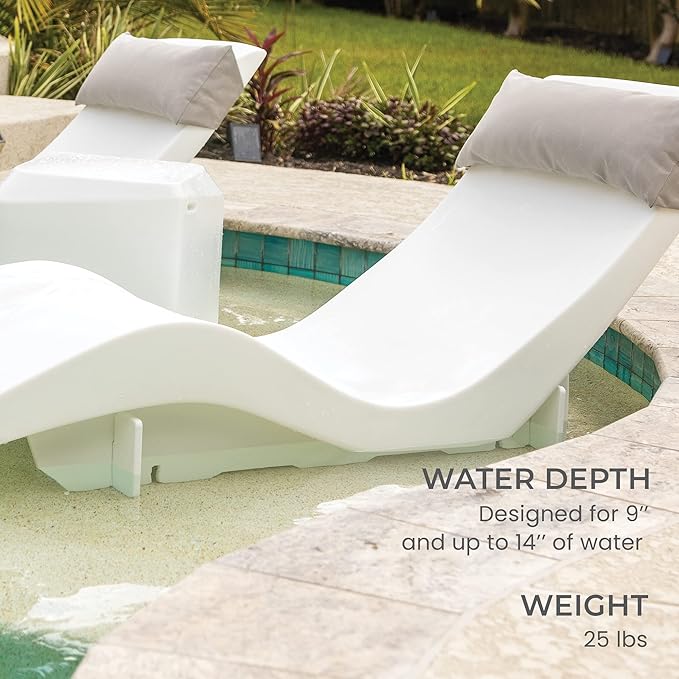 Aqua Outdoors in-Pool DEEP Ledge Chaise Set - Two Chaises - Two Headrest Pillows - Chaise Risers and One Large in Pool Side Table - for ledges 9"-14" inches Deep (White Granite-Navy)
