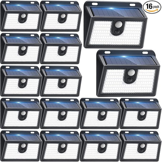 Solar Lights Outdoor Motion Sensor, 16 Pack 149 LED Waterproof Solar Powered Fence Lights, 3 Lighting Modes Security Wall Light for Outside Backyard Deck Garden Door Step Walking Dog, Cold Light 6500K