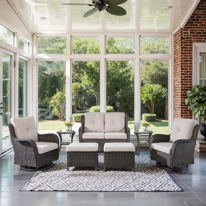 Outdoor Patio Furniture Set - 7 Piece Brown Wicker Conversation Patio Furniture Set All Weather Swivel Chairs with Ottoman and Loveseat Glider Chair for Deck Balcony Backyard