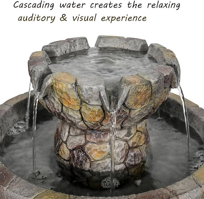 SunJet 25.7” High x 15.3” Diameter Concrete Bird Bath with Faux Stone Finish - Outdoor Water Fountain with Electric Pump - Birdbath for Garden, Patio, Yard, Lawn Décor