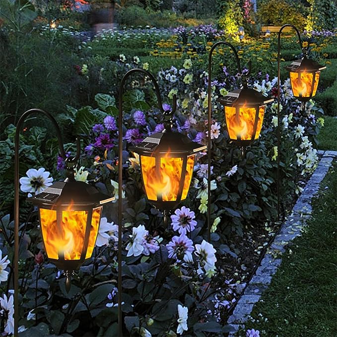Dynaming 6 Pack Solar Flame Hanging Lights Outdoor, Solar Flickering Flame LED Garden Lanterns with 6 x 38 Inch Shepherd Hooks, Landscape Lighting Waterproof for Lawn Patio Yard Pathway Driveway