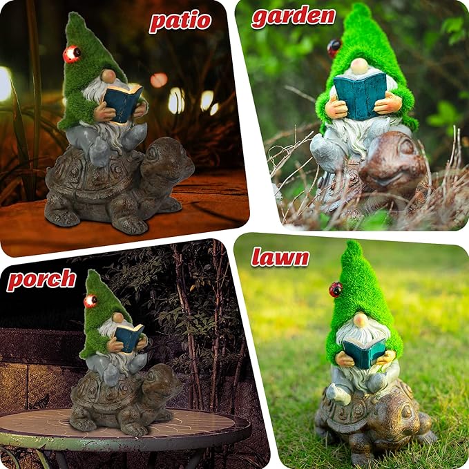 Garden Gnome Sitting on Turtle Outdoor Statues and Sculpture with Solar Lights, Garden Gnome Solar Statues and Turtle Figurines for Patio Yard Lawn Porch Decorations