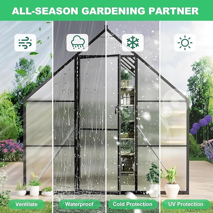 Greenhouse 6x11 FT Aluminum-Framed Heavy Duty Polycarbonate with Quick Setup Structure and Roof Vent Large Enhanced Outdoors Green House Kit
