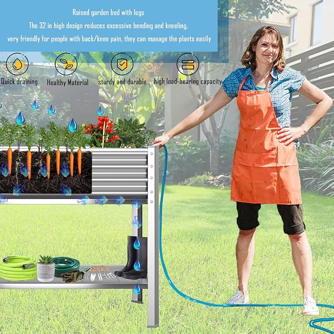 Raised Garden Bed with Legs, Galvanized Raised Planter Box with Storage Shelf and Drainage Holes, 48×24×32 Inch Large Metal Garden Bed Kit for Balcony, Backyard, Patio Lasts for Years of Use.